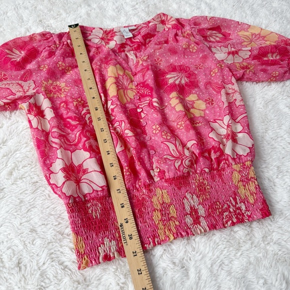 Joie Woman Pink Floral Semi Sheer V-Neck 3/4 Sleeve Smocked Waist Blouse MEDIUM - Picture 4 of 6